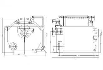 Ejemplo de dibujo de disposición de filtro de tambor combinado con vistas frontal y lateral