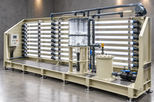 ஒளியேற்றப்பட்ட ட்யூப் ரேக், சென்ட்ரல் கல்ச்சர் கப்பல், பம்புகள், பைப்வொர்க் மற்றும் கண்ட்ரோல் பேனல் ஆகியவற்றுடன் பாசி வளர்ப்பு சறுக்கல்