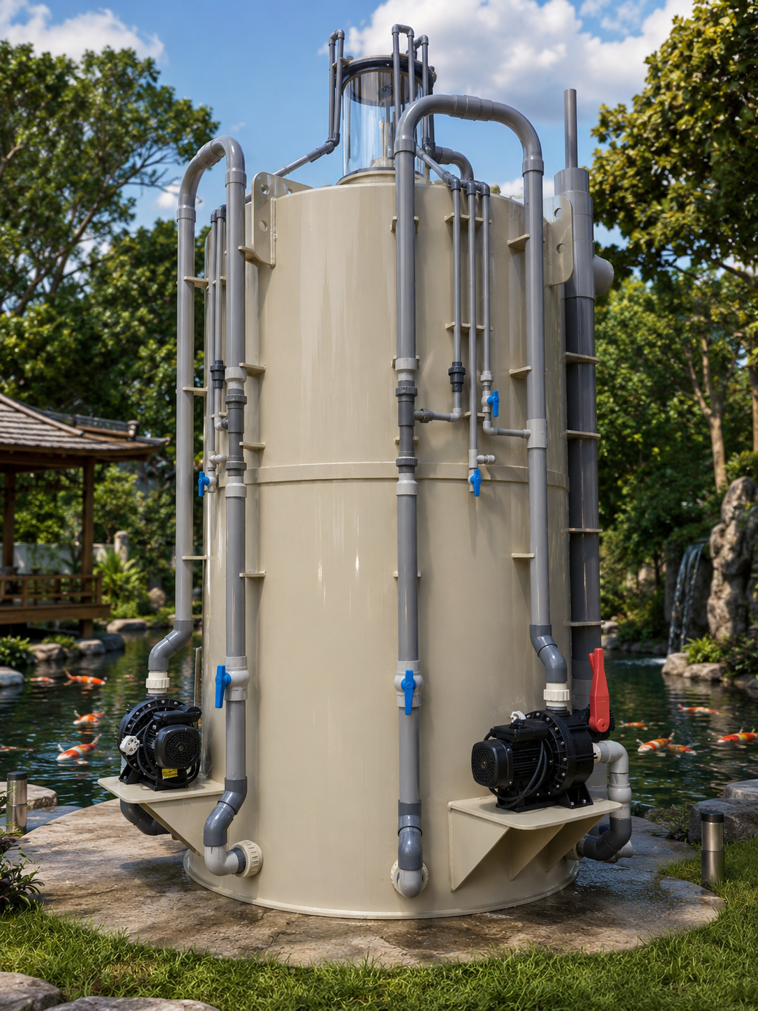 कोई तालाब के किनारे दो पंपों वाले मीठे पानी के स्कीमर का चित्रण